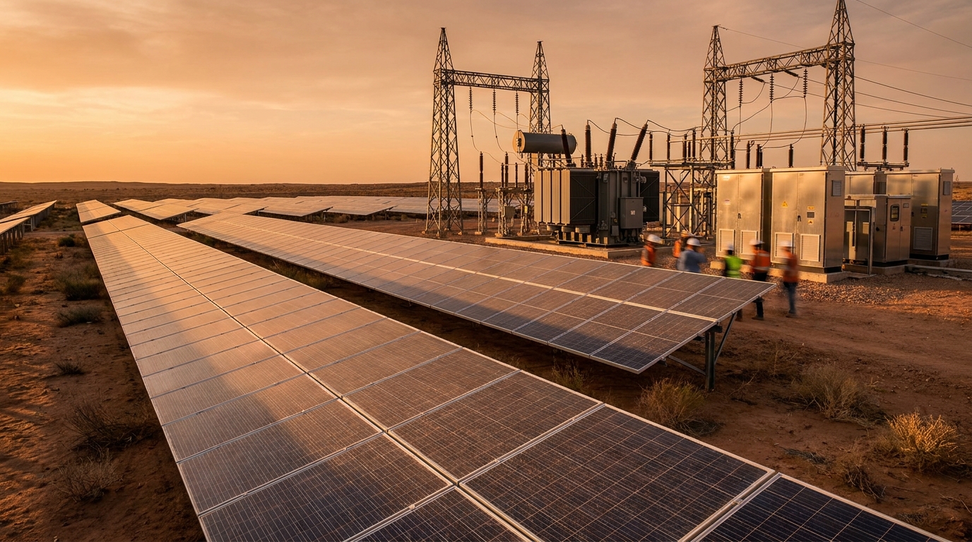 Rows of solar panels in front of an electrical substation with inverter cabinets and transmission towers at sunset