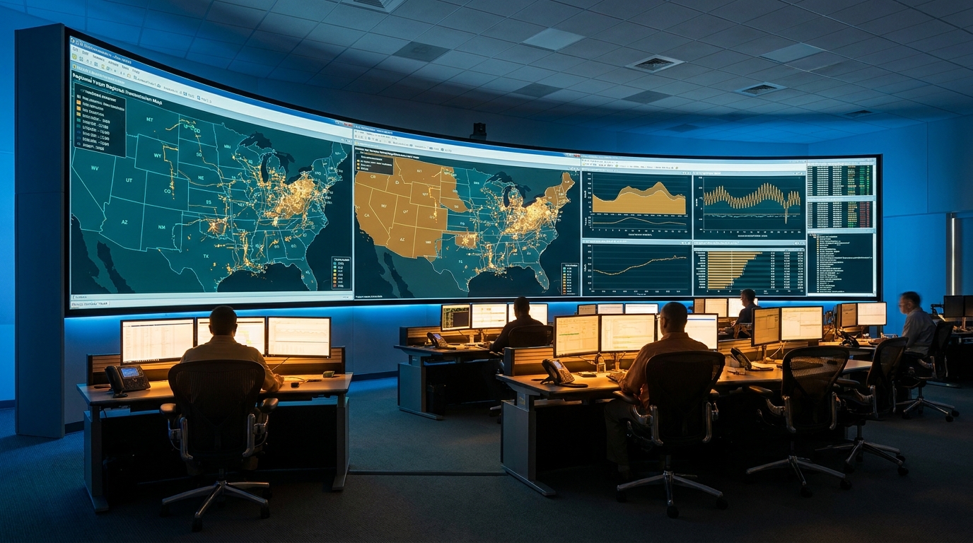 Sala de control de PJM Interconnection con monitores mostrando datos de la red eléctrica