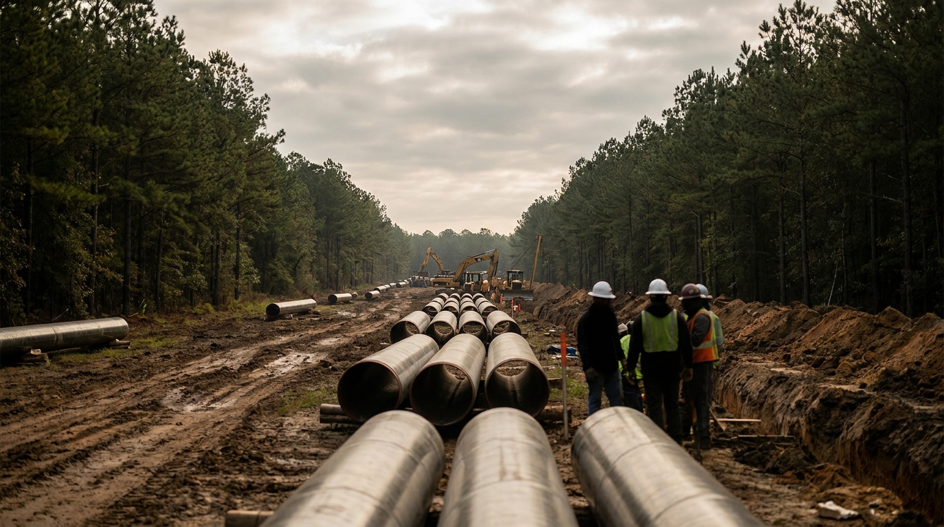 Pipeline under construction in the southeastern United States with pipe sections stacked in a forested area