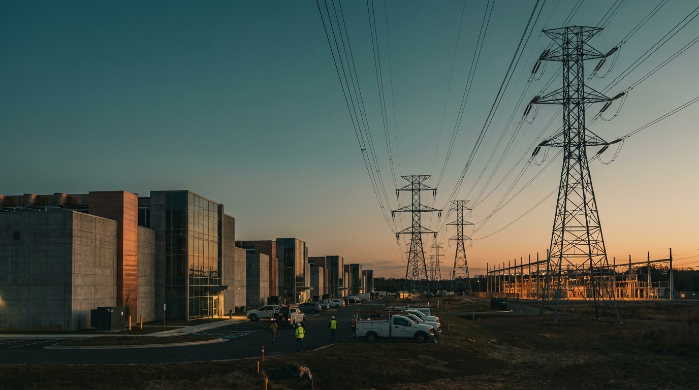 Data center with electrical transmission infrastructure at dusk, grid reliability