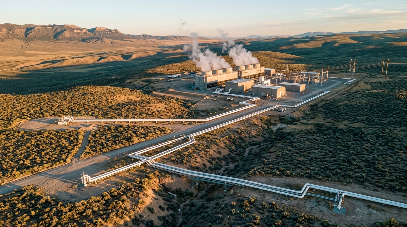 Torres de enfriamiento y tubería de la central geotérmica Cape Station en Utah
