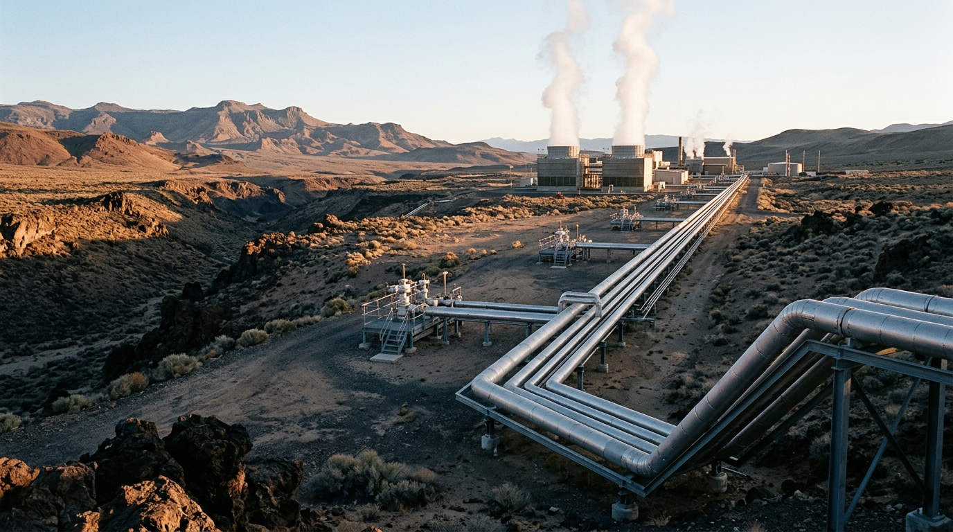 Geothermal wells and steam pipeline at a power plant in an arid landscape