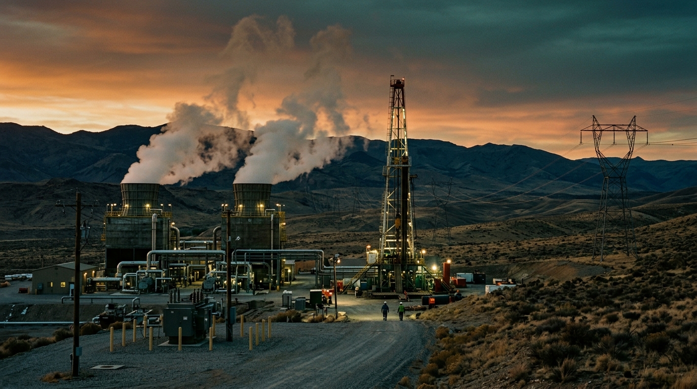 Planta geotérmica de próxima generación con torres de enfriamiento y transmisión al atardecer