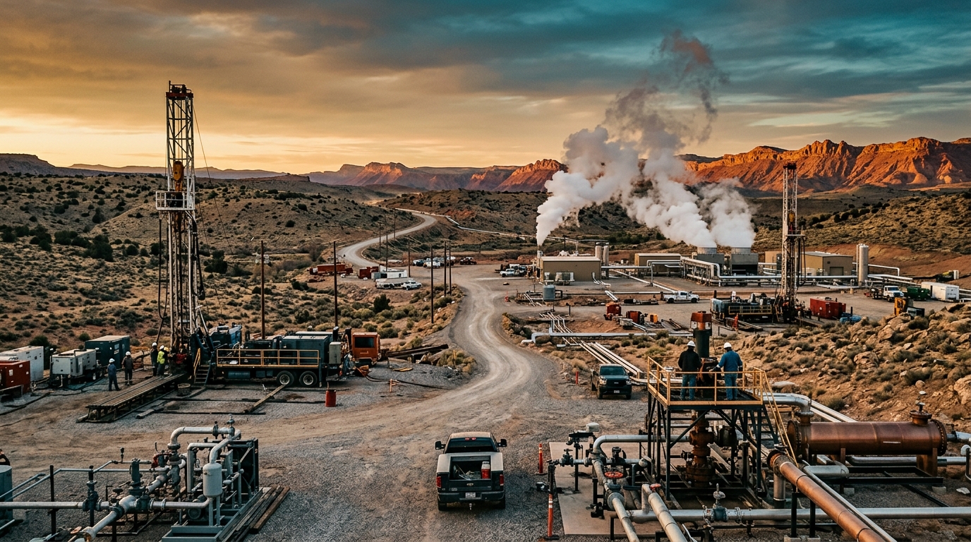 Fervo geothermal field in Utah with drilling rigs and steam plumes
