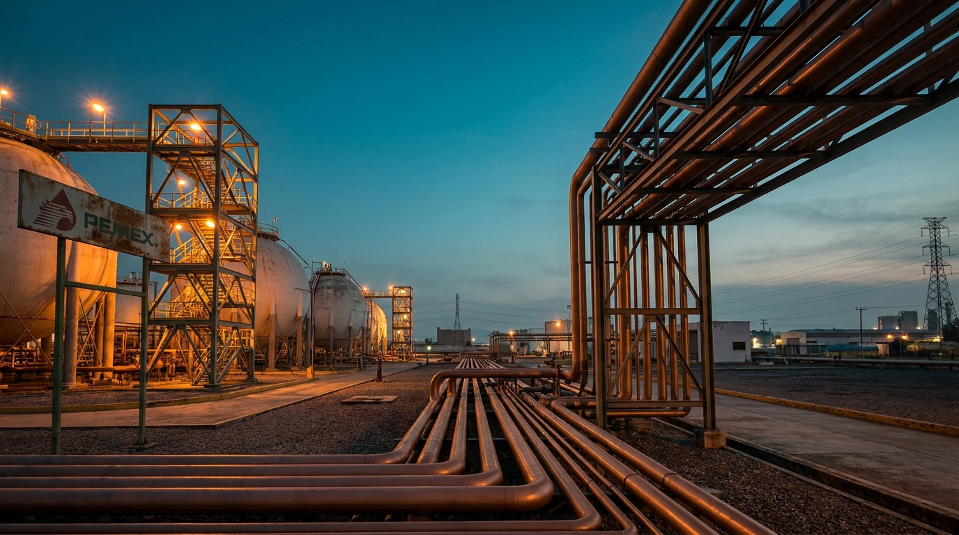 LP gas storage tanks and Pemex pipeline infrastructure in an industrial zone of the State of Mexico