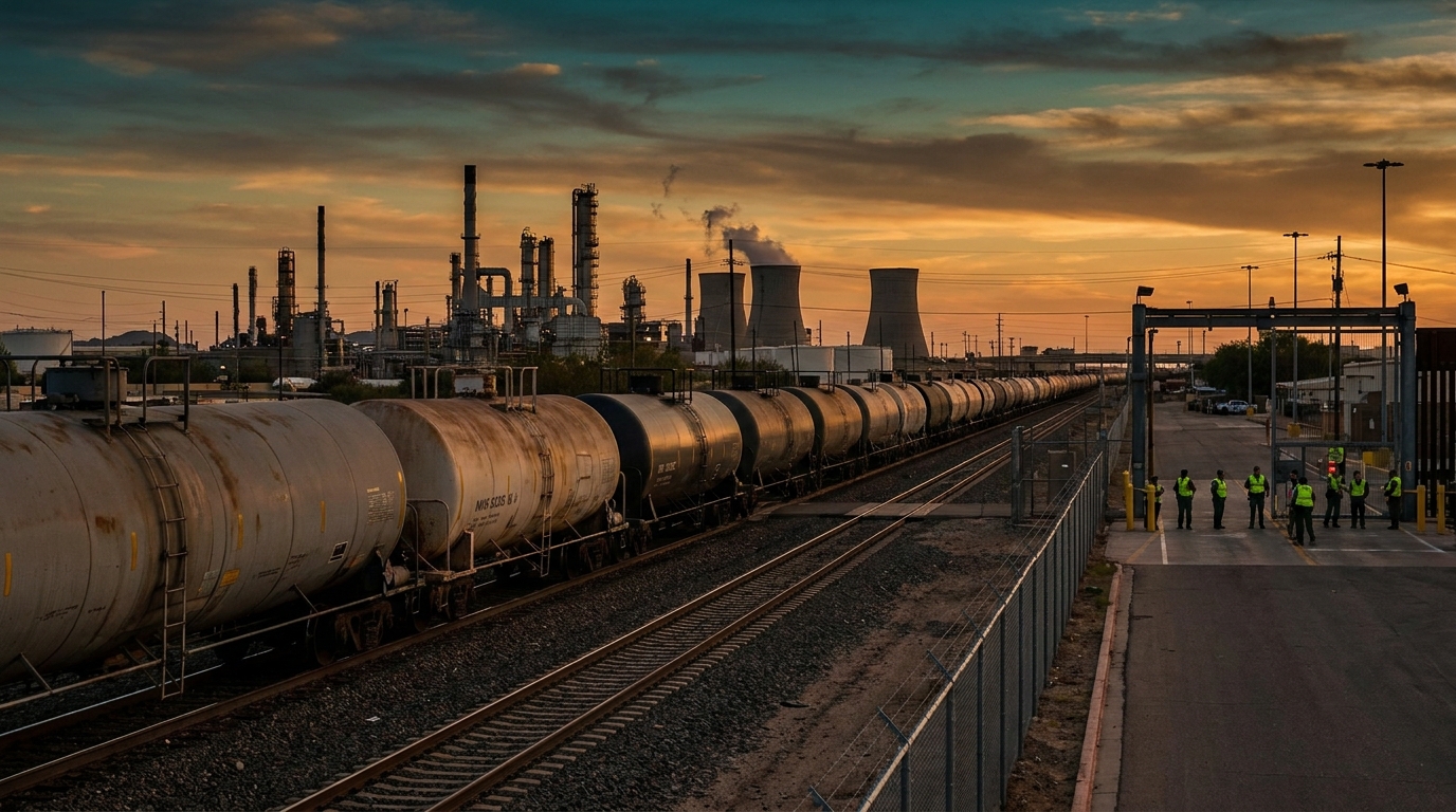 Carros tanque ferroviarios en cruce fronterizo con refinería al fondo, Texas