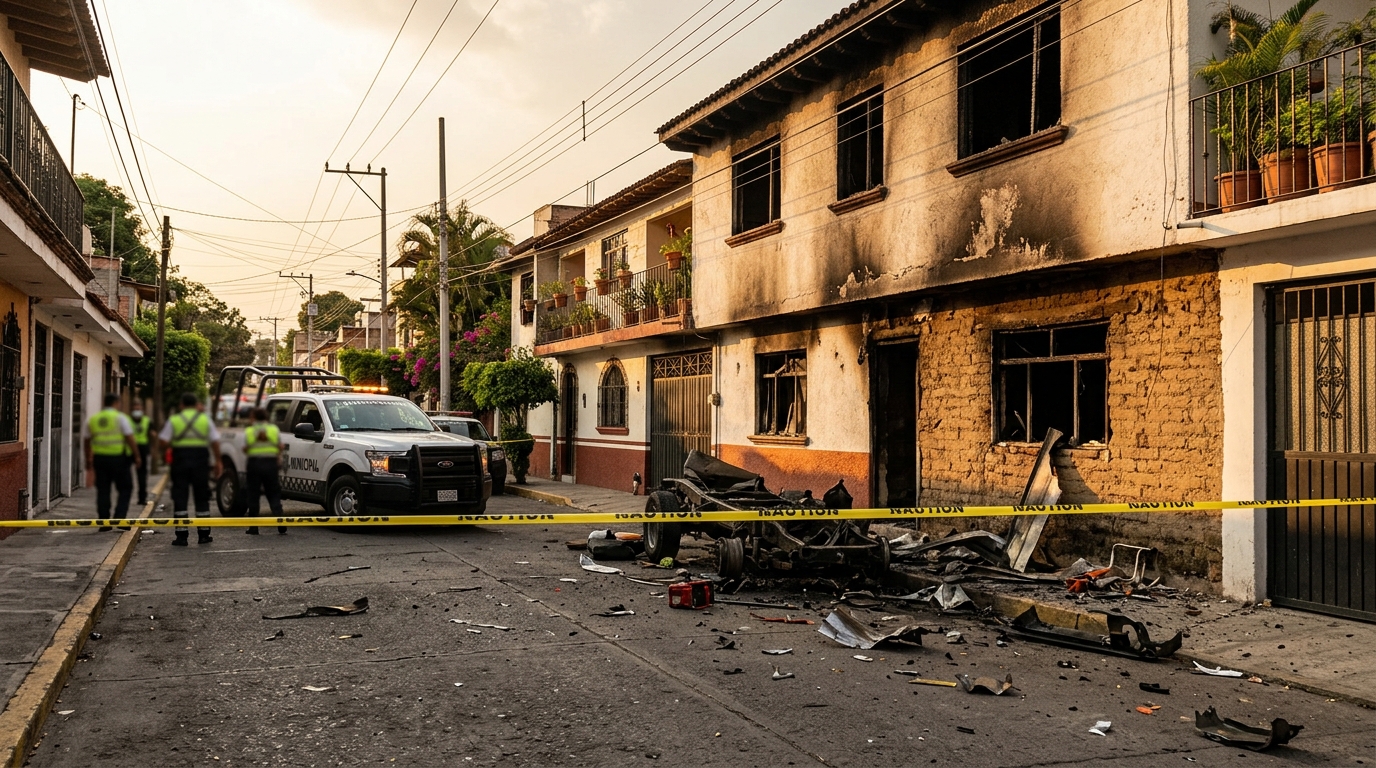 Damaged LP gas tanker and affected homes following explosion in Cuernavaca