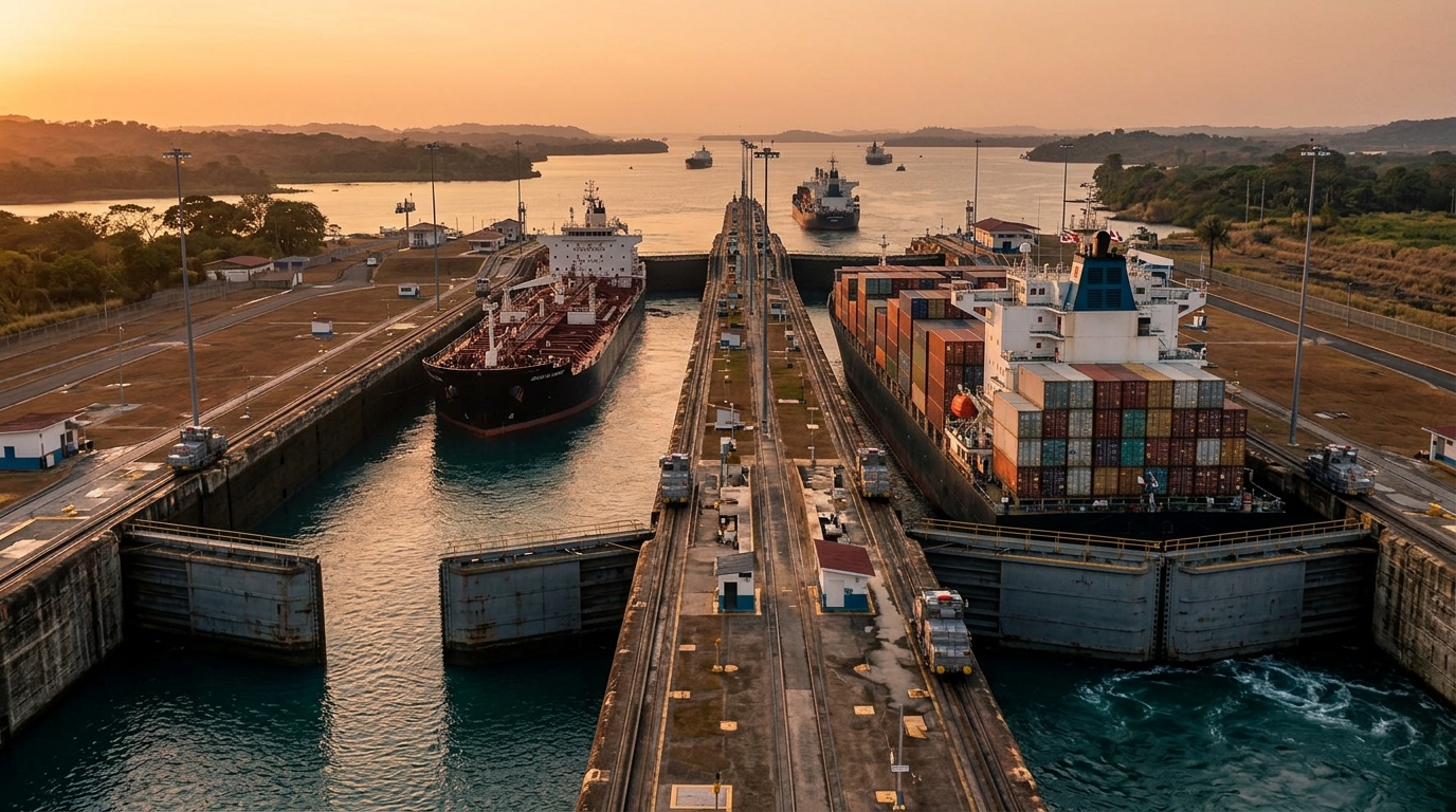 Shipping containers and oil tankers at the Panama Canal amid rising maritime freight rates