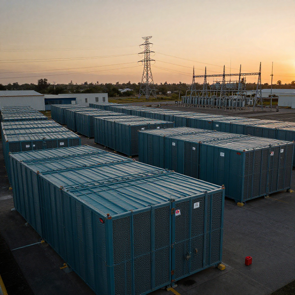 Stacked battery storage containers in an industrial yard next to a manufacturing plant