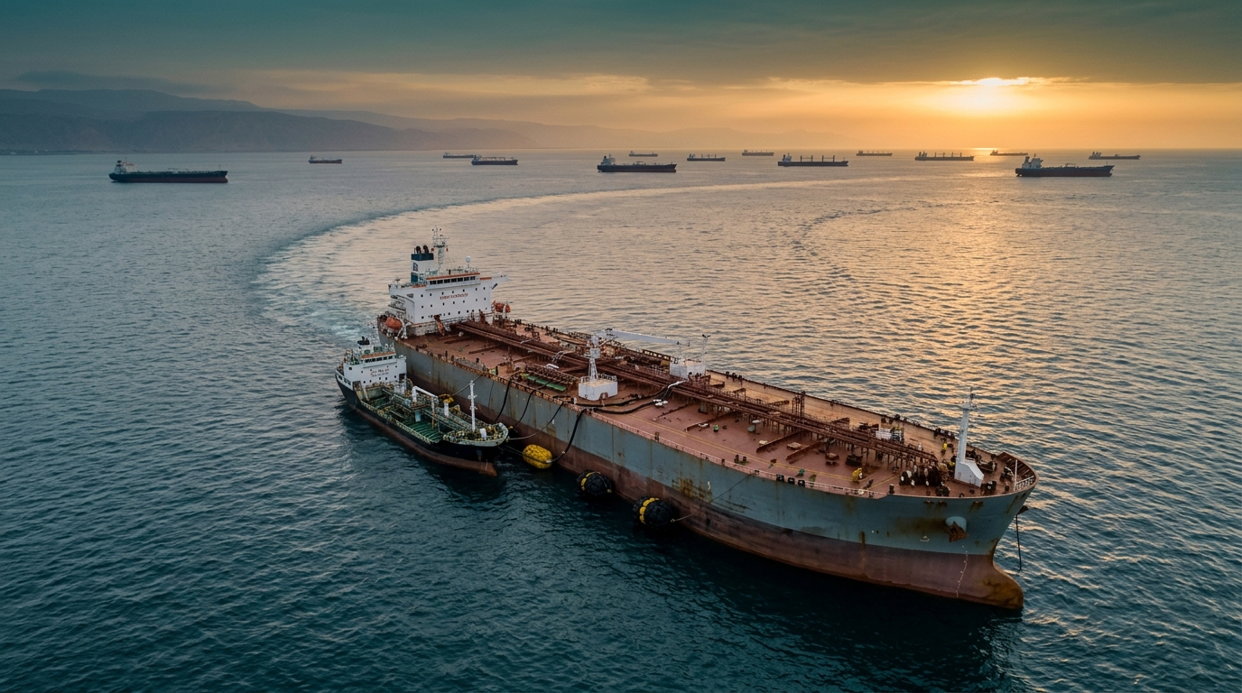 Buques tanque y terminal petrolera en el Golfo Pérsico al amanecer