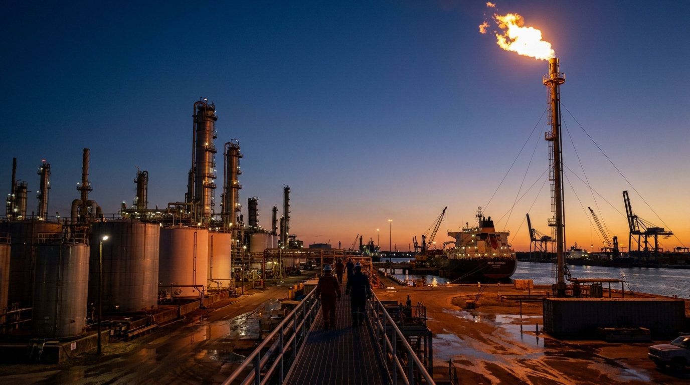 Refinería industrial al atardecer con tanques de almacenamiento y torres de destilación, contexto análisis mercado petrolero global