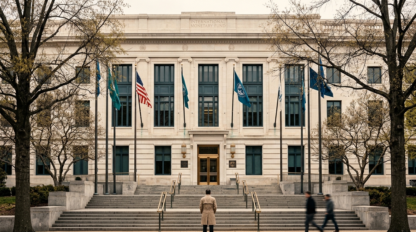 Sede del FMI en Washington bajo cielo nublado, presión fiscal deuda global