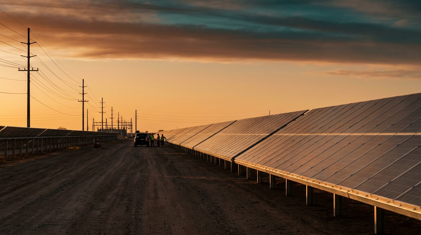 Parque solar con filas de paneles fotovoltaicos bajo cielo industrial al atardecer