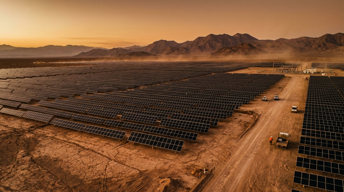Parque solar fotovoltaico en el desierto de Atacama, Chile, con hileras de paneles solares en operación