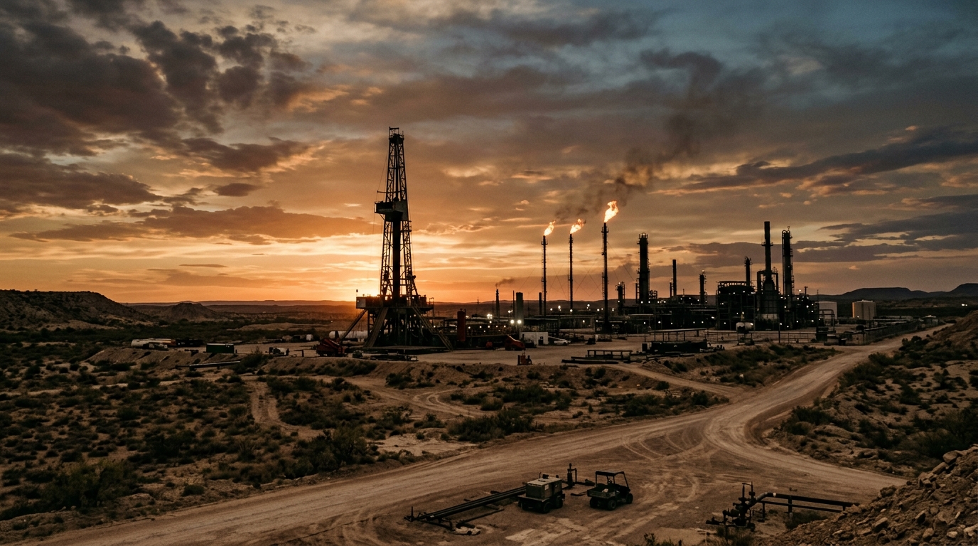 Fracking landscape with drilling rigs and a Pemex refinery at sunset