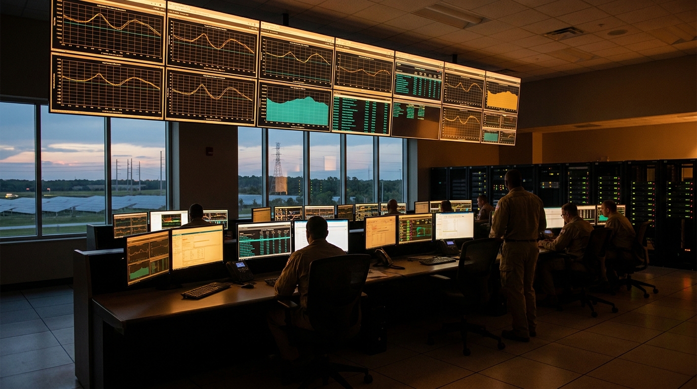 Control room with electricity load monitors and data centers