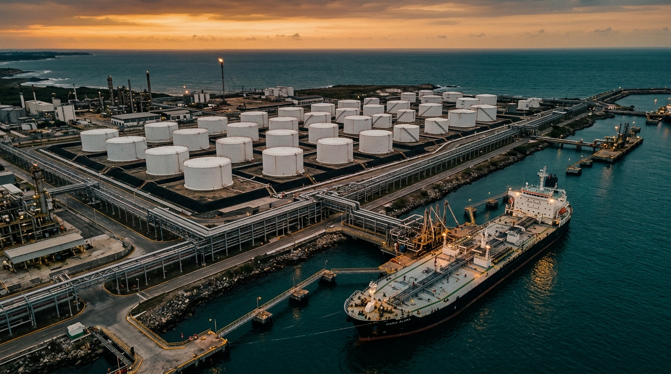 Buques tanque y tanques de almacenamiento de diésel en terminal portuaria al atardecer