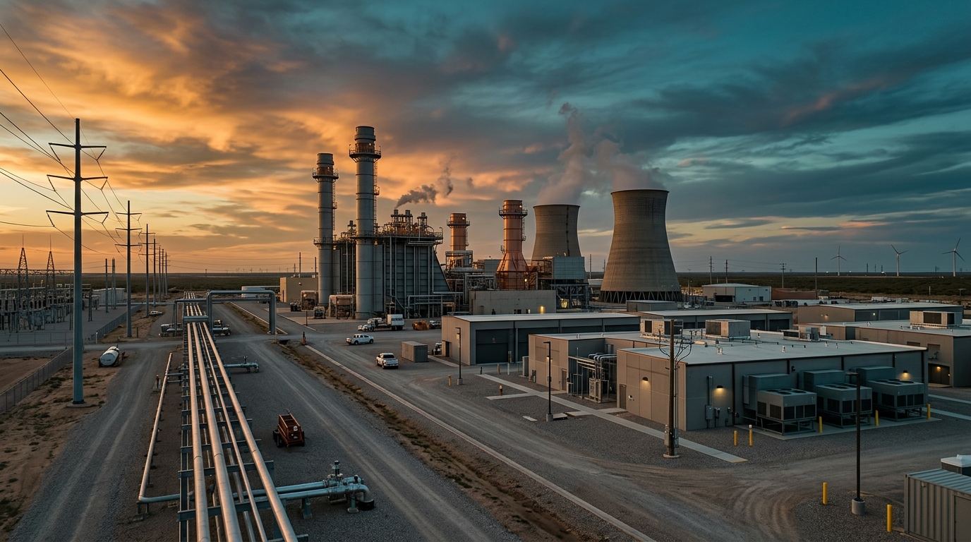Planta de gas junto a centro de datos en Texas, turbinas y líneas eléctricas