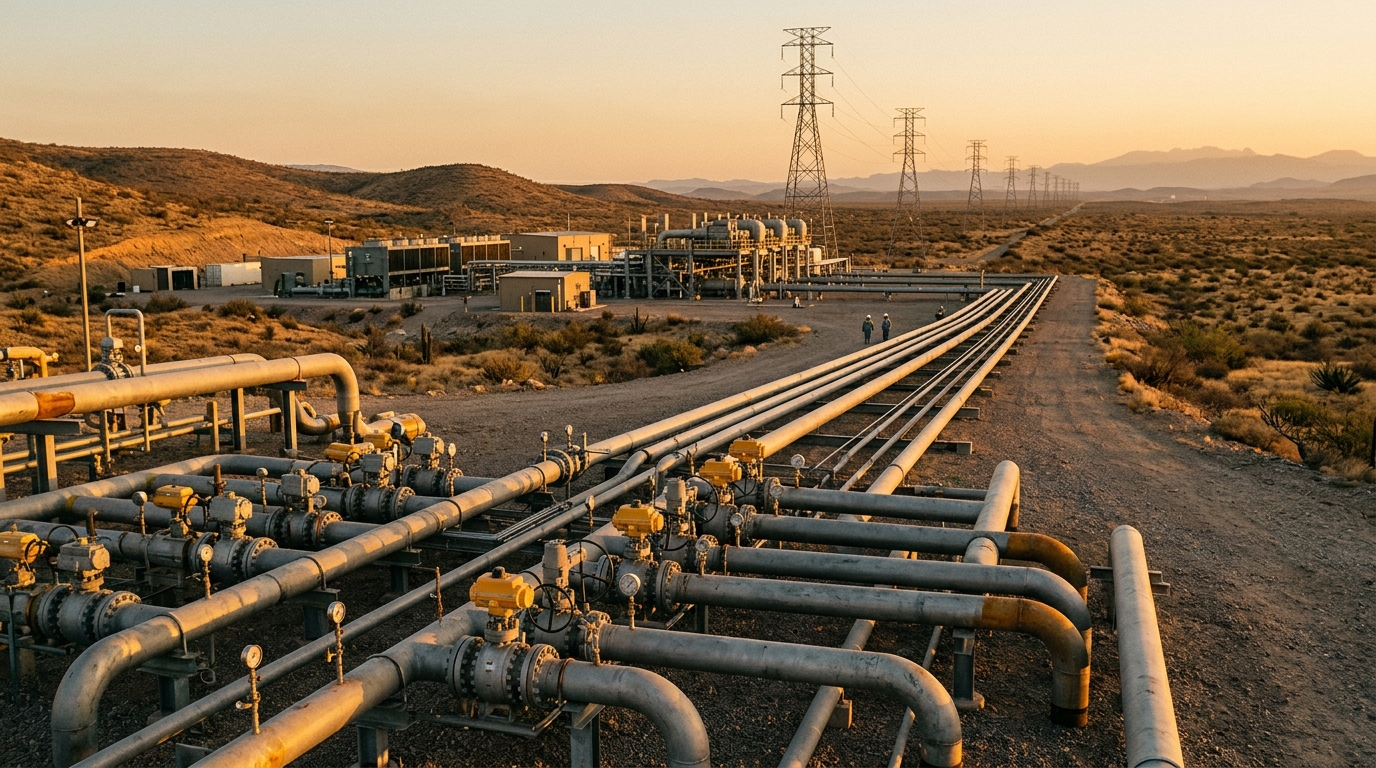 Natural gas pipelines crossing an arid Mexican landscape at sunset