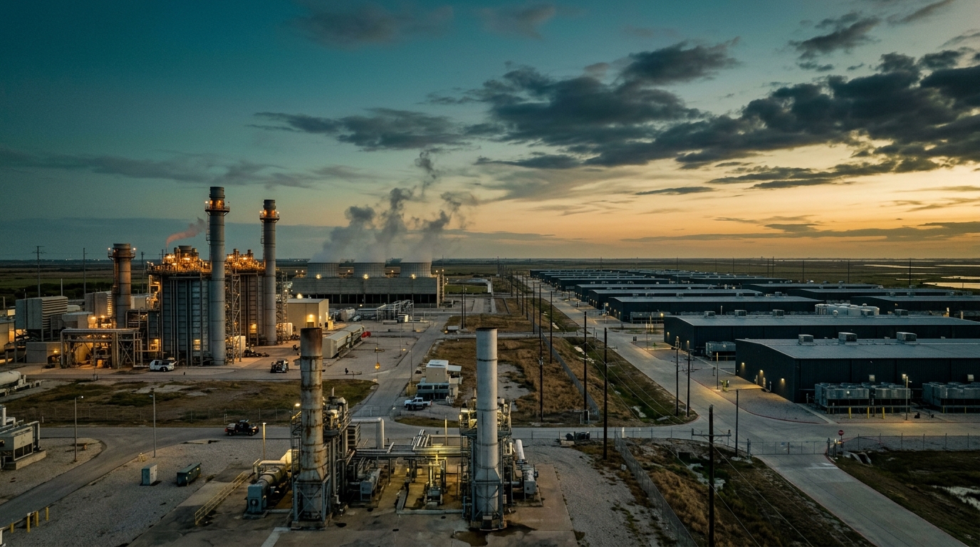 Planta de gas en EE.UU. con turbinas y torres de enfriamiento al atardecer