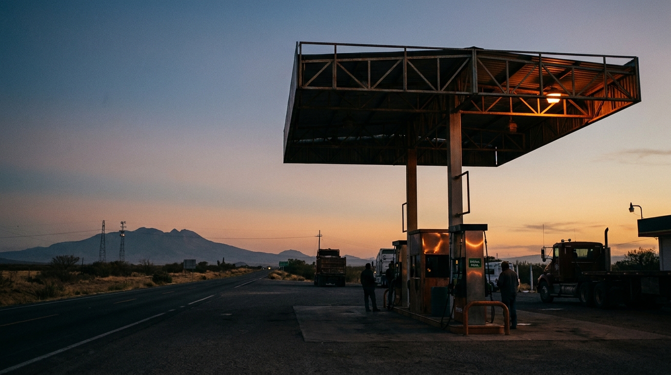 Service station with diesel pumps at sunset on a Mexican highway, amber light