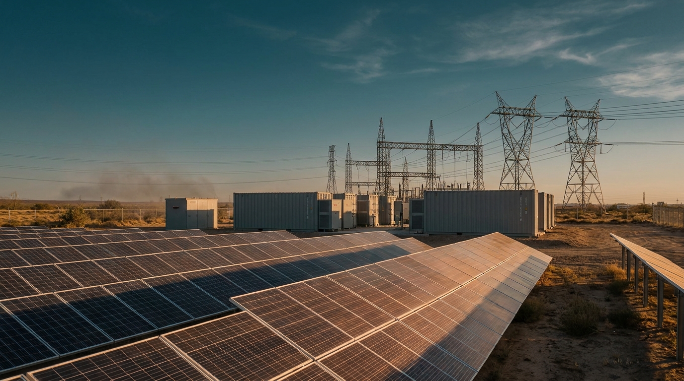 Parque solar corporativo con almacenamiento en baterías al atardecer, incertidumbre en mercado global de PPAs