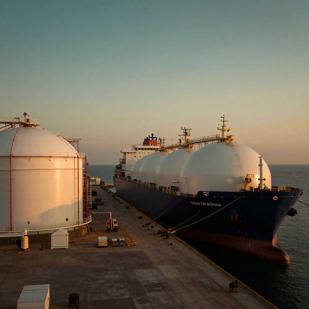 Buque tanque de GNL atracado en terminal de regasificación al atardecer