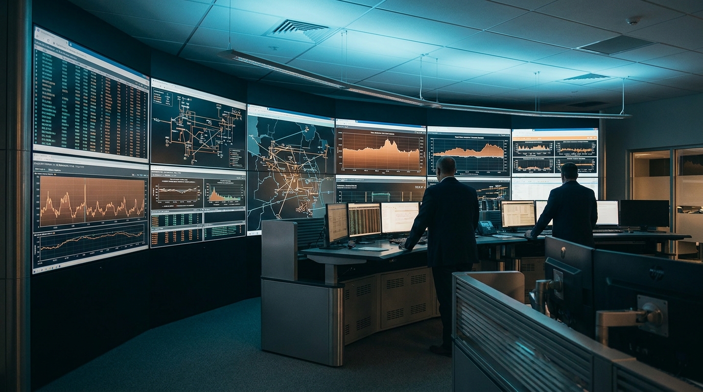 Sala de control de red eléctrica con monitores, gobernanza de mercado mayorista y transmisión