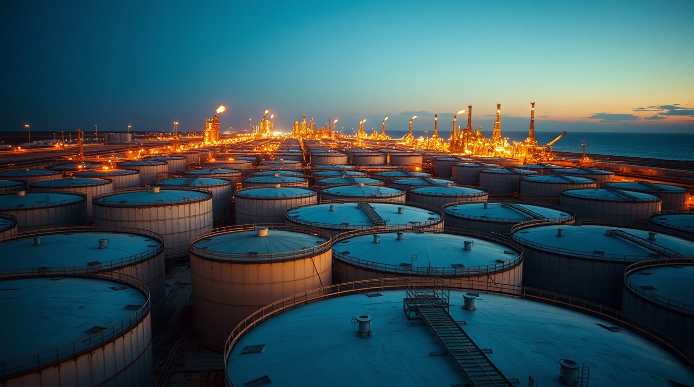 Refinery towers and tanks in front of a chart of the 2027 Brent price