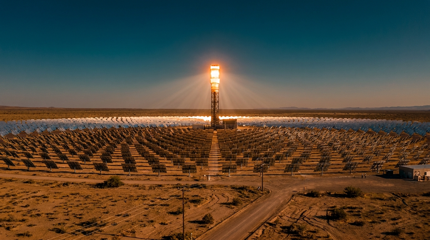 Baterías de almacenamiento solar a escala de red con paneles solares al fondo