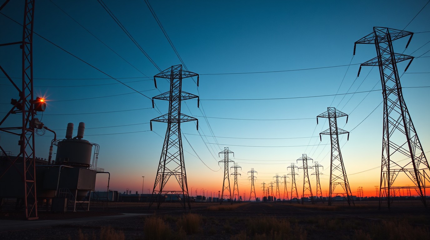 High-voltage power transmission towers at sunset on a regional grid