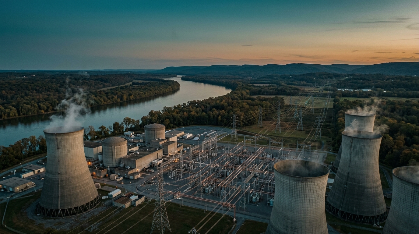Planta nuclear con torres de enfriamiento que suministra energía nuclear a centros de datos