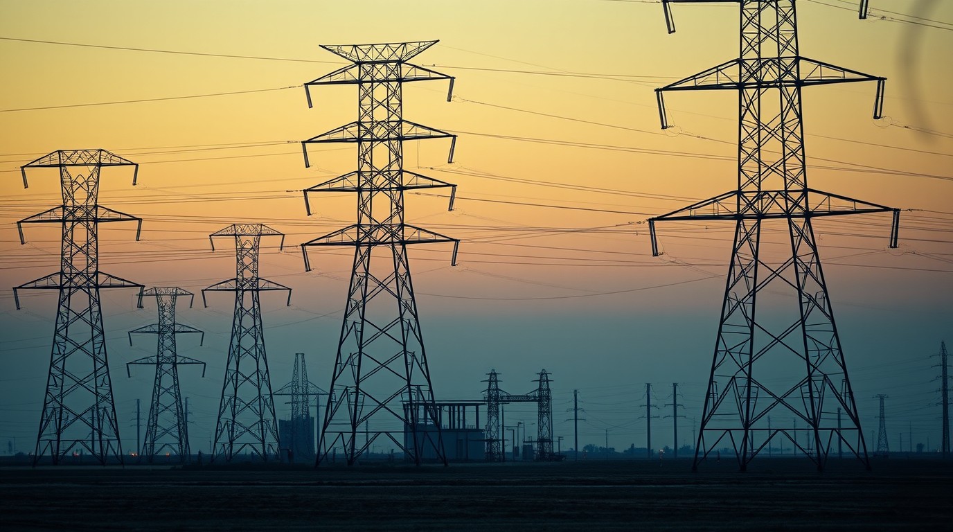 Torres de transmisión de red eléctrica al atardecer con subestación industrial detrás