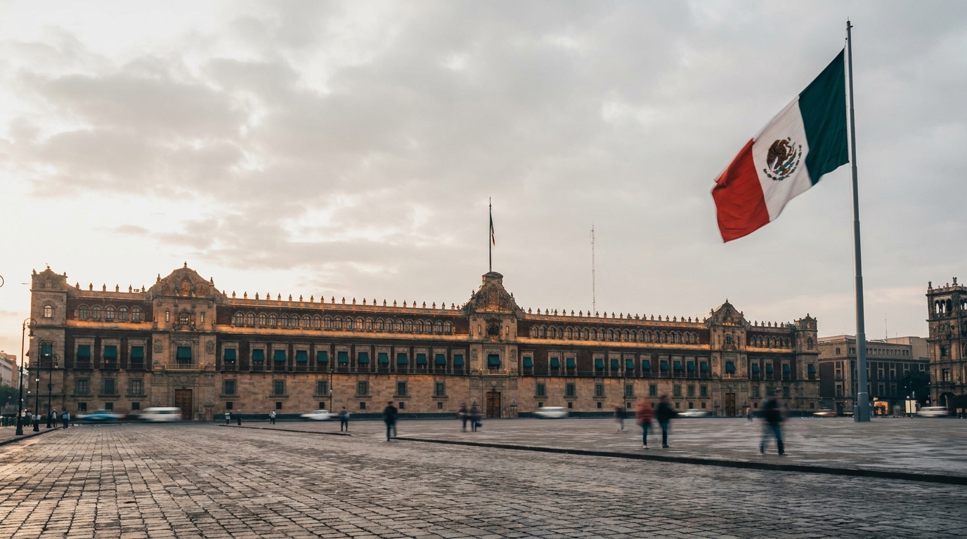 Fachada del Palacio Nacional con bandera mexicana durante la tercera ronda de revisión del T-MEC