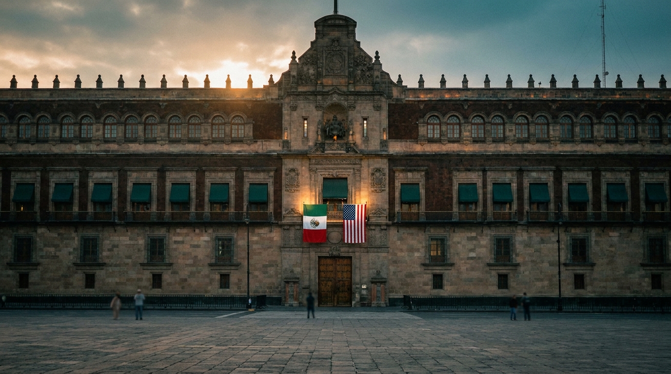 National Palace facade with Mexican and U.S. flags at a bilateral USMCA meeting