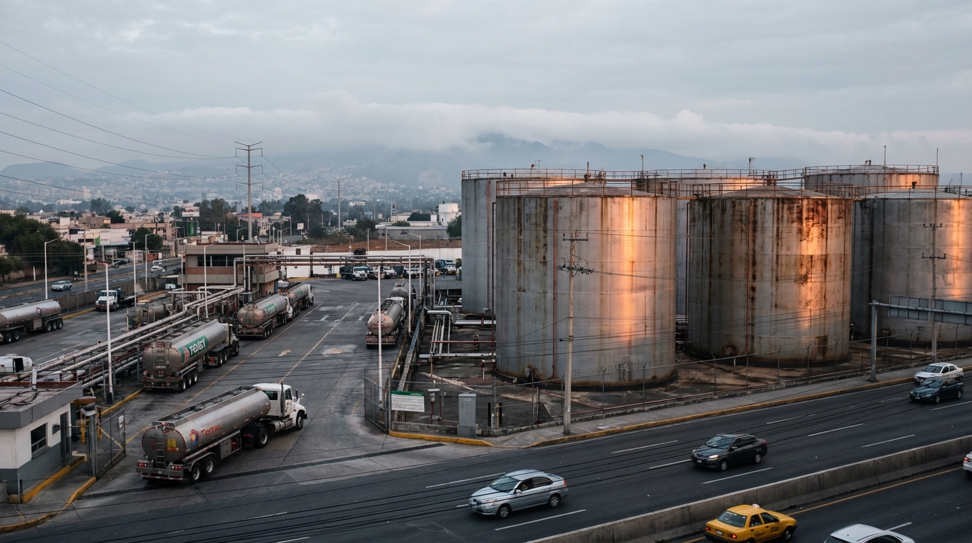 fuel storage tanks and distribution trucks at a petroleum depot in Mexico