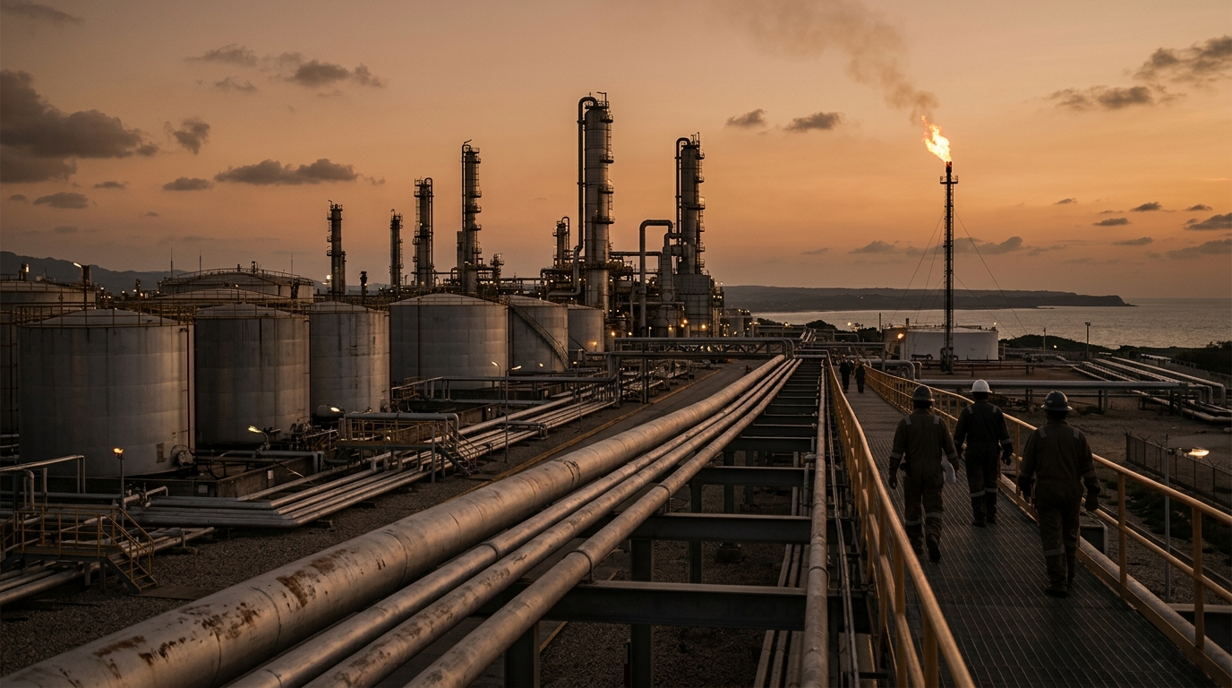 Refinería mexicana al atardecer en el contexto del apoyo presupuestal a Pemex
