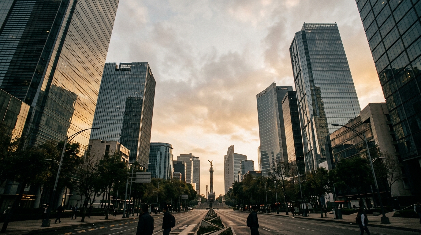 Mexico City financial buildings amid falling Pemex credit risk