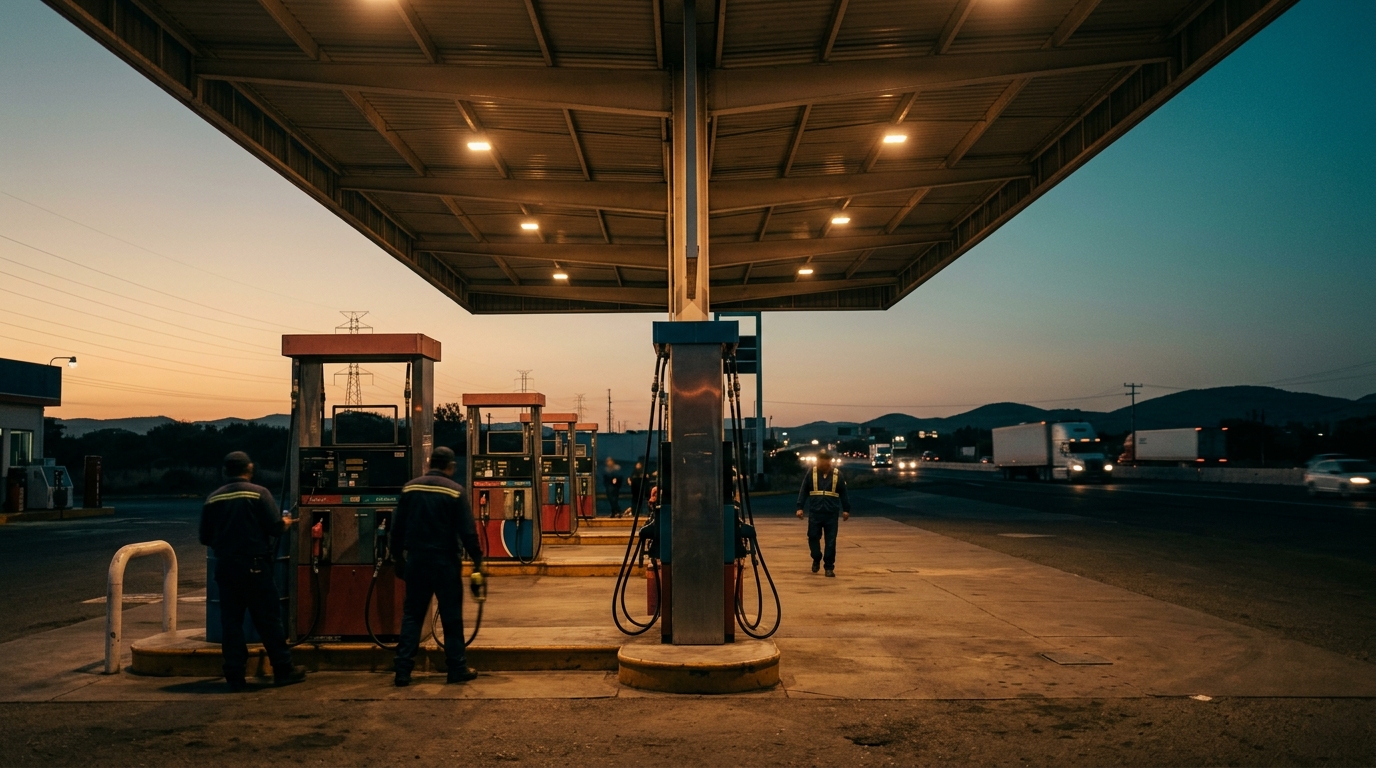 Estación de servicio de gasolina en México con precios exhibidos al atardecer