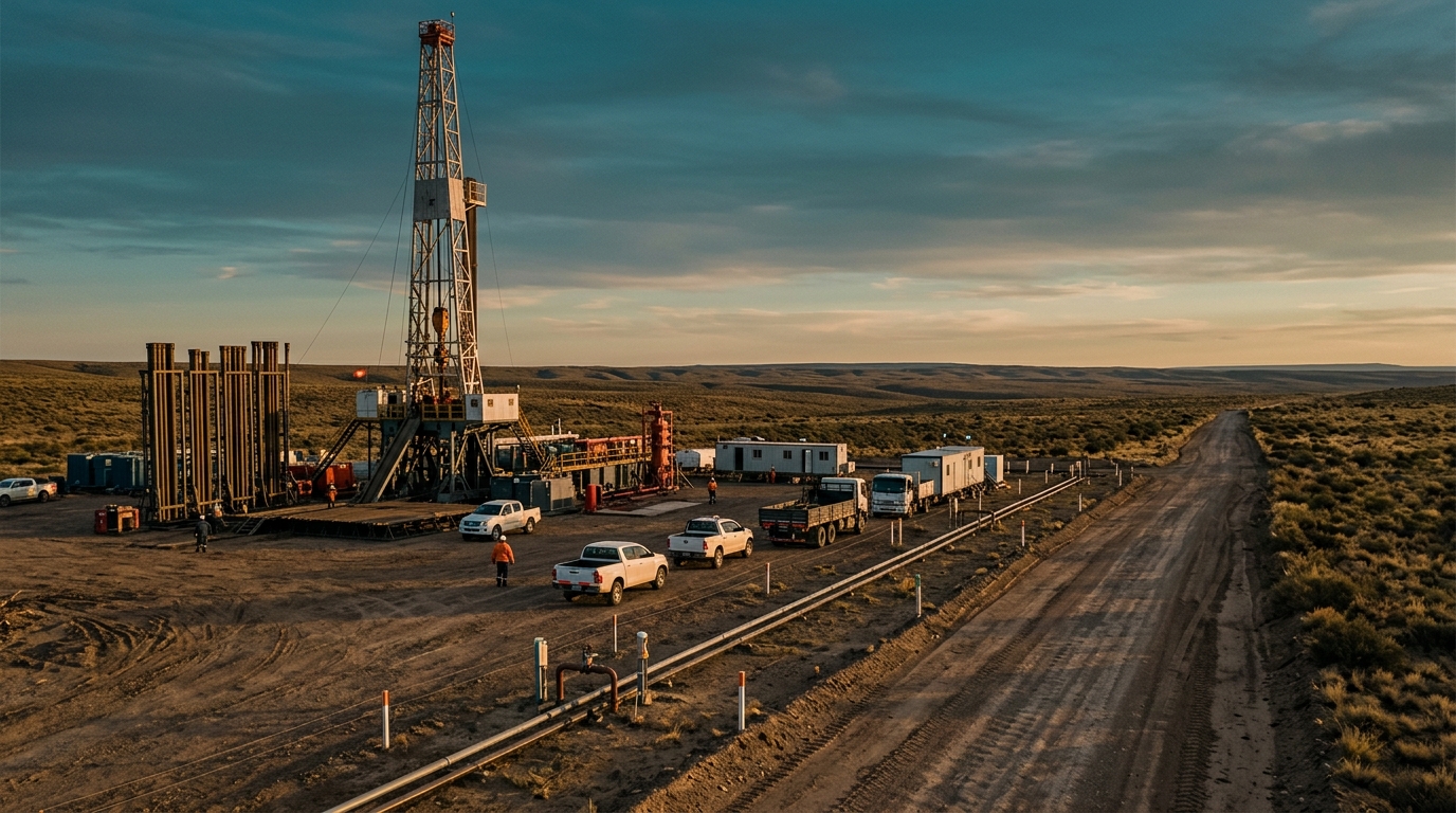 Torre de perforación en Vaca Muerta con ductos e infraestructura de shale al atardecer