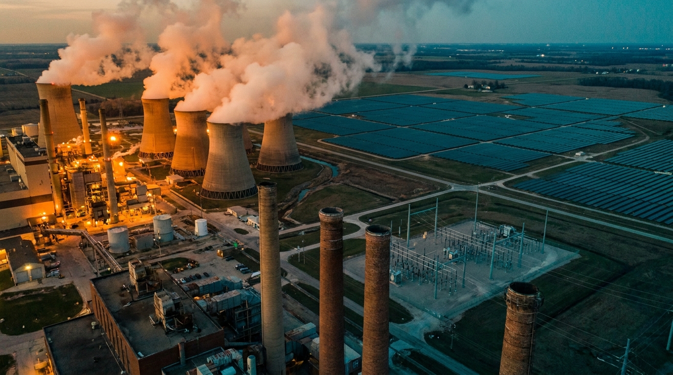 Complejo industrial con torres de enfriamiento y vapor al atardecer, contraste entre energía limpia y calor fabril