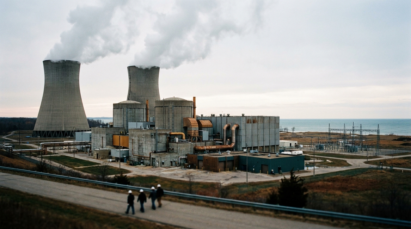 Planta nuclear Palisades Michigan con torres de enfriamiento y reactor modular SMR-300