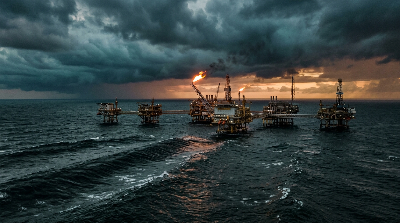 Oil production platforms in the Gulf of Mexico under hurricane clouds