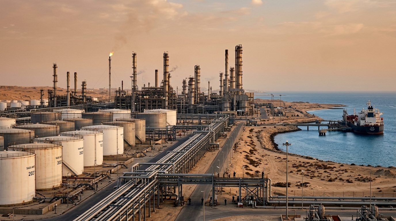 Aramco refinery in Jizan, steam plumes over the Red Sea coast