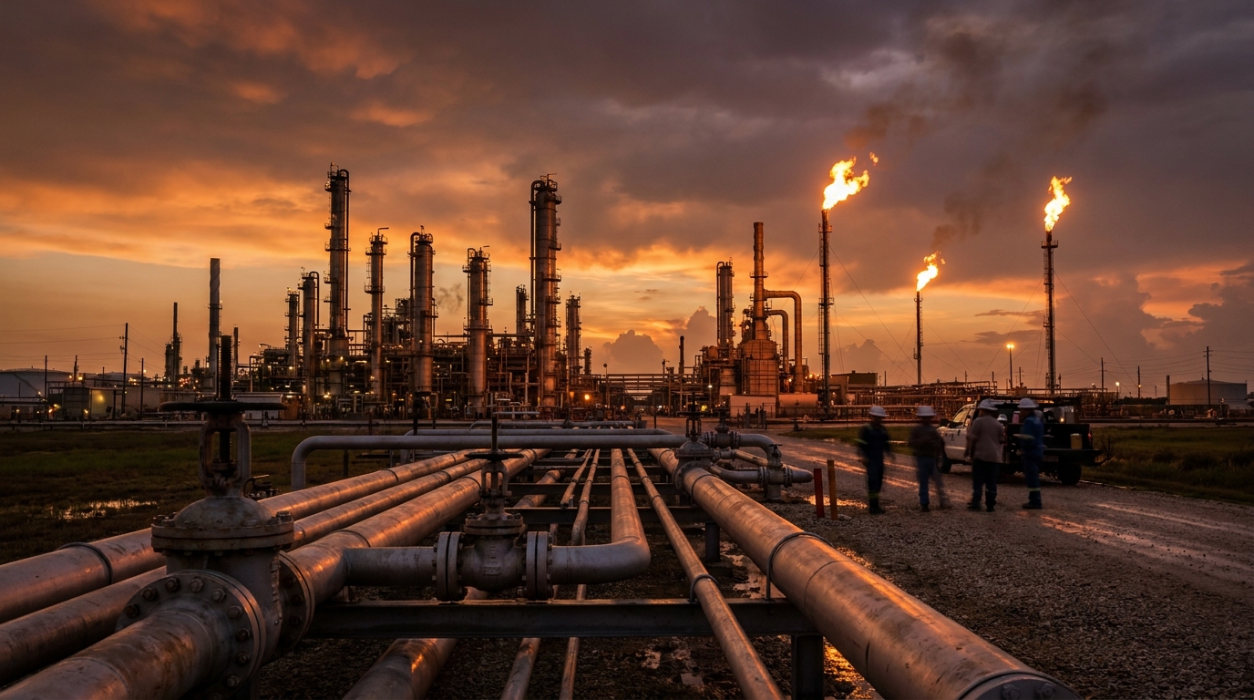 Torres de refinería al atardecer con supertanquero, flares activos y cielo en ámbar