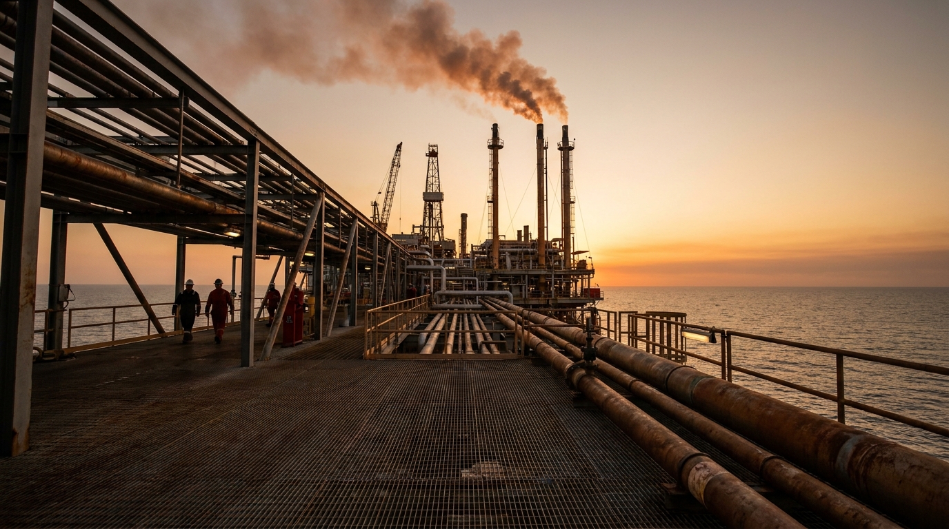Plataforma petrolera offshore en el Golfo de México con flares encendidos al atardecer