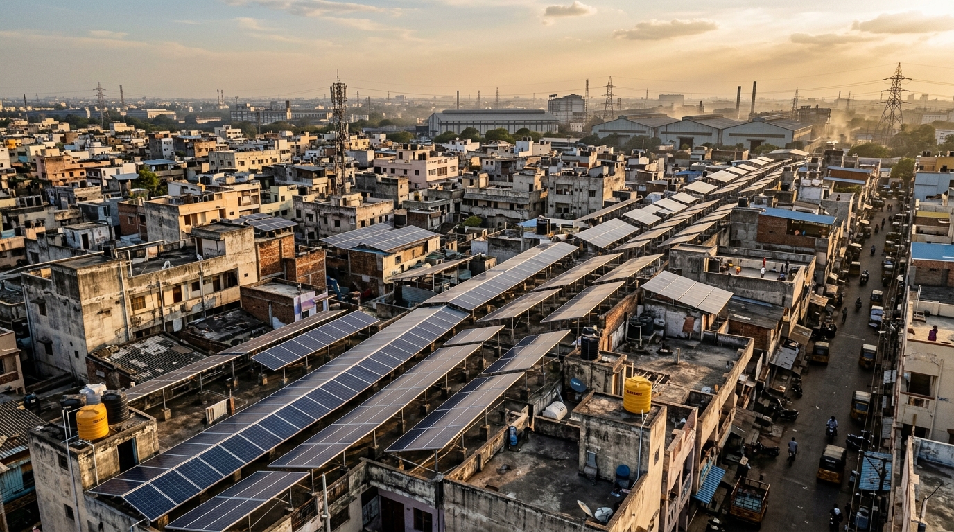 Azoteas de India con paneles fotovoltaicos y solar distribuido en expansión
