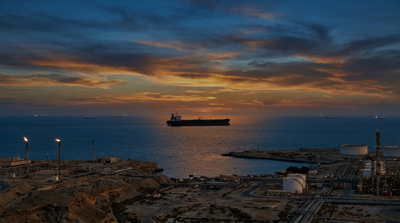 Buque tanque en el estrecho de Ormuz al atardecer, crisis del suministro energético global