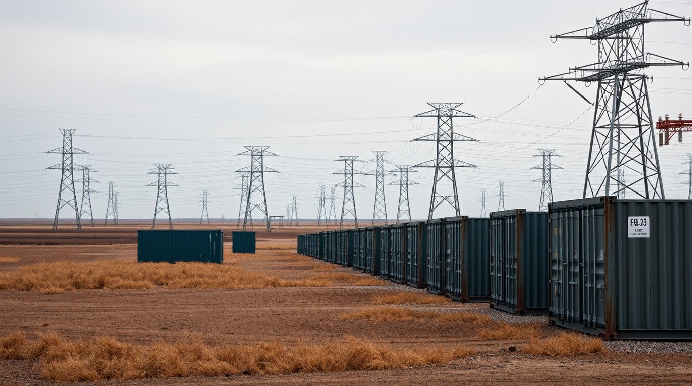 Illinois storage auction batteries in containers next to a transmission line