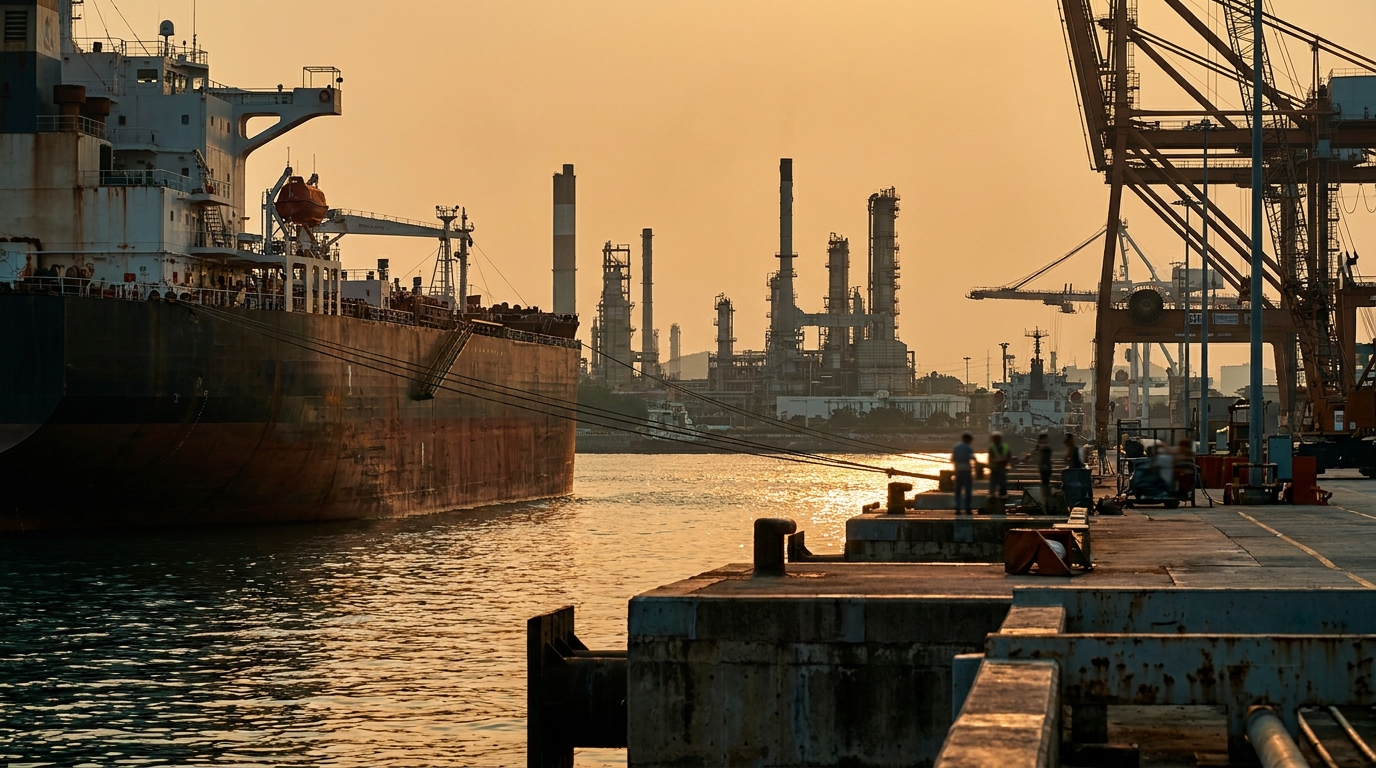 Oil tanker at an industrial port at sunset with cranes and a refinery in the background